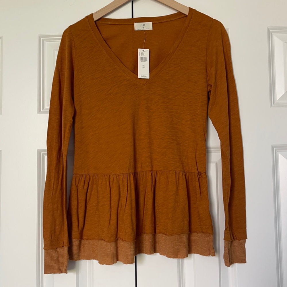 Anthropologie T.la Gold Long Sleeve Peplum T-shirt
